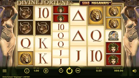 Divine Fortune Megaways base game at full Megaways height showing Medusa and all premium symbols across 6 reels