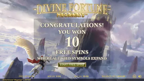 Divine Fortune Megaways aktiveringsskärm för free spins med antal Scatters och tilldelade snurr