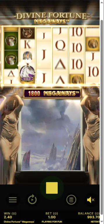 Divine Fortune Megaways free spins aktiva med alla tre Brons Silver Guld bonusvinstmätare delvis fyllda